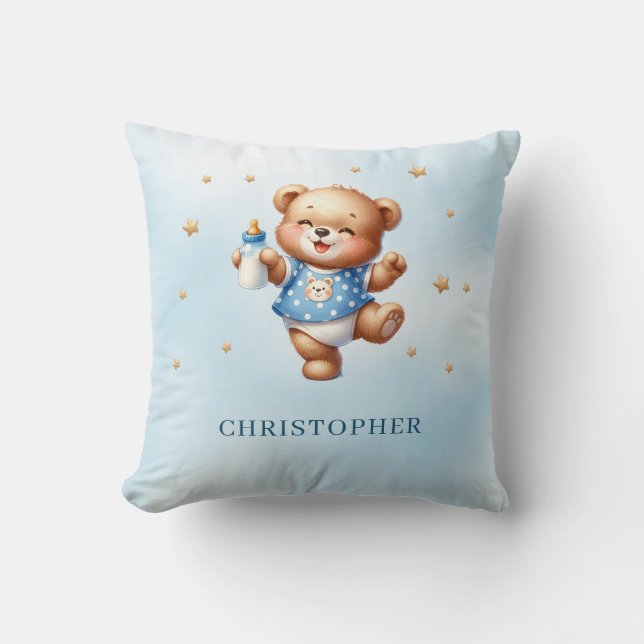 Cojín Decorativo Osito de peluche gracioso con botella de bebé (Anverso)