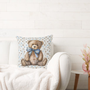 Cojín Decorativo Osito de peluche niño sobre corazones azules y mar