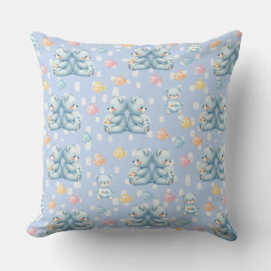 Cojín Decorativo Oso Azul y Patrón Continuo de Peces Adorable