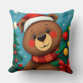 Cojín Decorativo Oso con sombrero de Santa entre árboles de Navidad