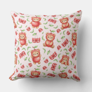 Cojín Decorativo Oso de Cereza Adorable y Patrón Continuo de Frutas