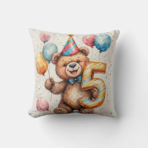 Cojín Decorativo Oso de cumpleaños lindo con globos y sombrero de f