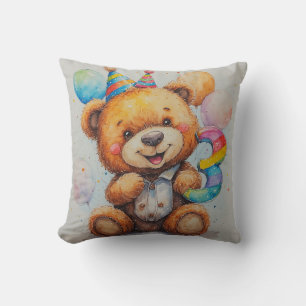 Cojín Decorativo Oso de cumpleaños lindo con globos y sombrero de f