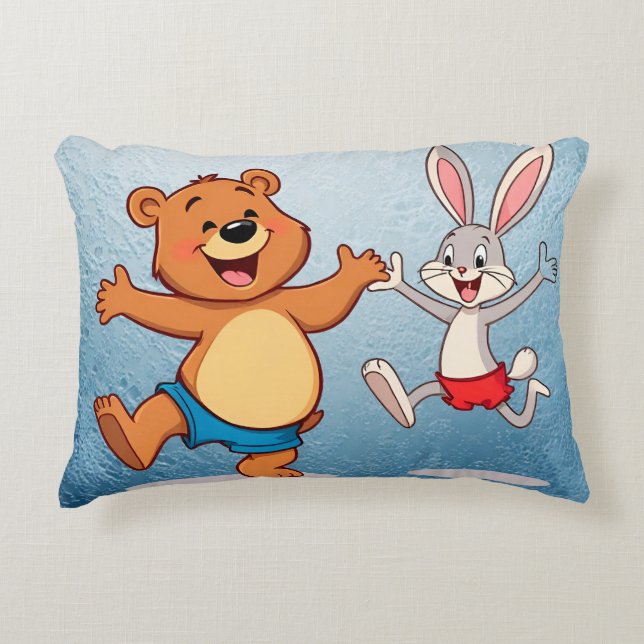 Cojín Decorativo Oso de dibujos animados alegres y conejo bailando  (Anverso)