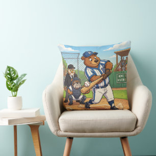 Cojín Decorativo Oso de dibujos animados jugando béisbol