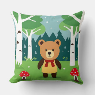Cojín Decorativo Oso de dibujos animados lindo en una escena de bos