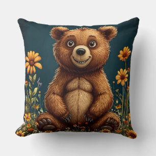 Cojín Decorativo Oso de dibujos animados lindo sentado felizmente