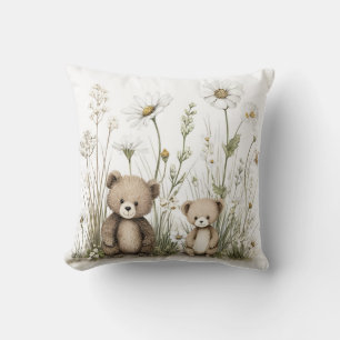 Cojín Decorativo Oso de felpa en acuarela con flores silvestres