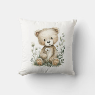 Cojín Decorativo Oso de felpa en acuarela con flores silvestres