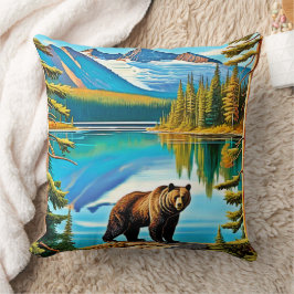 Cojín Decorativo Oso de montaña: Arte de reflexión sobre el lago