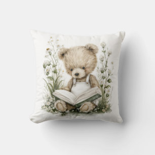 Cojín Decorativo Oso de peluche adorable con acuarela leyendo un li