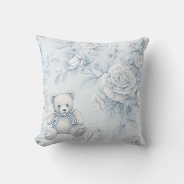 Cojín Decorativo oso de peluche con rosas azules (Anverso)