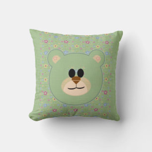 Cojín Decorativo Oso de peluche, cuadros y flores suave verde
