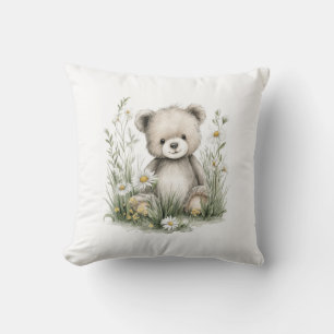 Cojín Decorativo Oso de peluche en acuarela con flores silvestres