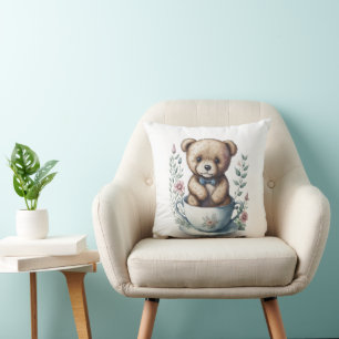 Cojín Decorativo Oso de peluche en una taza de té con flores