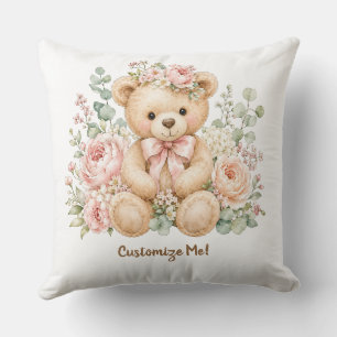 Cojín Decorativo Oso de peluche floral con nombre personalizado en