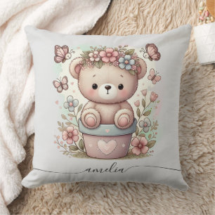 Cojín Decorativo Oso de peluche lindo y nombre personalizado floral