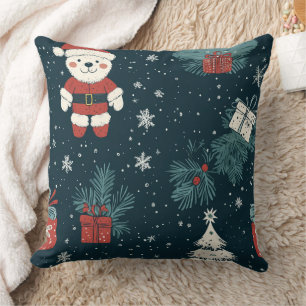 Cojín Decorativo Oso de peluche lindo y Santa en verde oscuro (1)