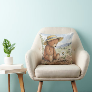 Cojín Decorativo Oso de peluche mirando una margarita creciente