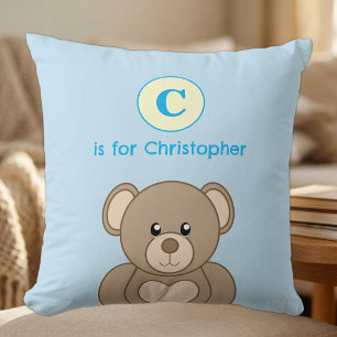 Cojín Decorativo Oso de peluche nombre inicial niños azul