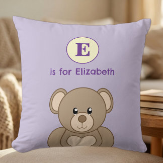 Cojín Decorativo Oso de peluche nombre inicial niños morado