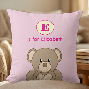 Cojín Decorativo Oso de peluche nombre inicial niños rosa