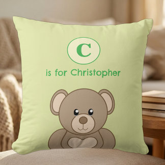 Cojín Decorativo Oso de peluche nombre inicial niños verde