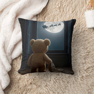 Cojín Decorativo Oso de peluche viendo a Santa Claus y los renos