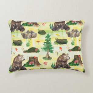 Cojín Decorativo Oso de Woodland de color agua con un cachorro de o