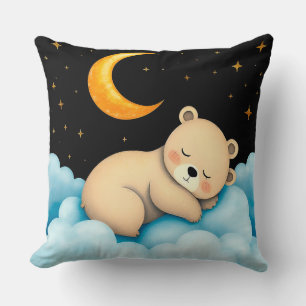 Cojín Decorativo Oso Durmiente Adorable en Nubes Bajo Luz de Luna