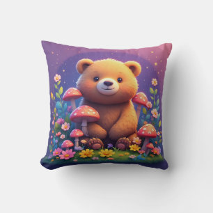 Cojín Decorativo Oso en bosque colorido con estrellas y hongos
