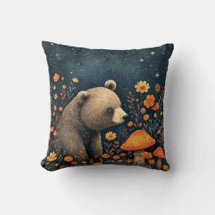 Cojín Decorativo Oso en Bosque Colorido Con Estrellas y Hongos