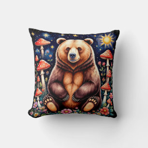 Cojín Decorativo Oso en Bosque Colorido Con Estrellas y Hongos