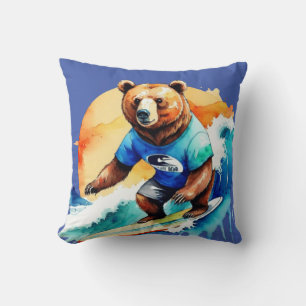 Cojín Decorativo Oso gracioso surfeando en camiseta