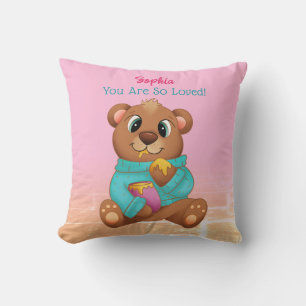 Cojín Decorativo Oso Lindo Comiendo Miel, Nombre del Niño y Mensaje