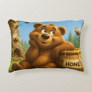 Cojín Decorativo Oso Lindo con Barril de Miel y Abejas Felices