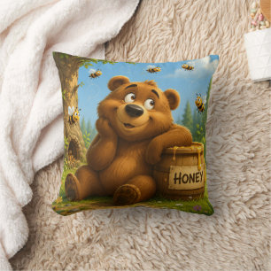 Cojín Decorativo Oso Lindo con Barril de Miel y Abejas Felices