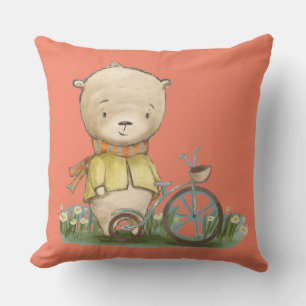 Cojín Decorativo oso lindo en la pradera con una bicicleta