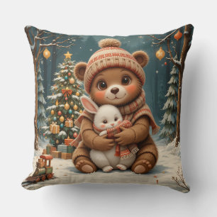 Cojín Decorativo Oso Lindo Sosteniendo Conejo Cerca del Árbol de Na