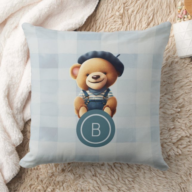 Cojín Decorativo Oso Monograma Azul Gingham (Manta)