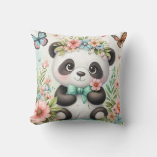Cojín Decorativo Oso panda lindo y divertido entre flores acuarela