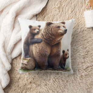 Cojín Decorativo Oso Pardo con Dos Cachorros Fauna Silvestre Rústic