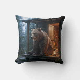 Cojín Decorativo Oso Pardo Sentado en el Pórtico de una Acogedora C