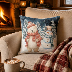 Cojín Decorativo Oso polar acuarela y muñeco de nieve Navidad de in