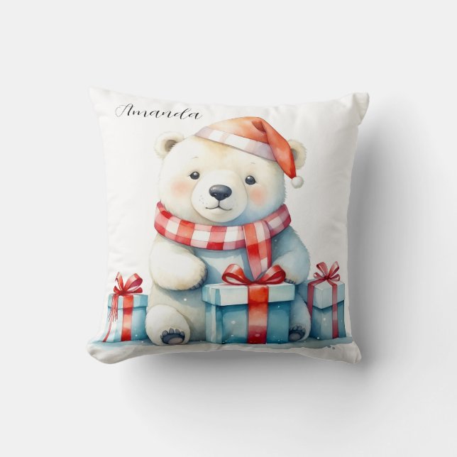 Cojín Decorativo Oso Polar Blanco Navidad Acuarela Bonito (Anverso)
