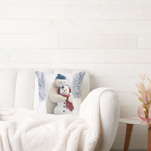Cojín Decorativo Oso polar de Navidad abrazando a un muñeco de niev