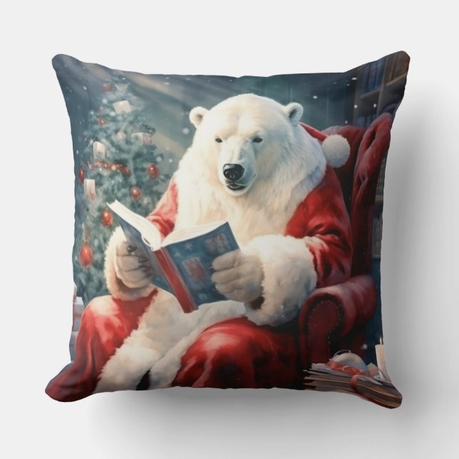 Cojín Decorativo Oso polar de Navidad leyendo (Anverso)