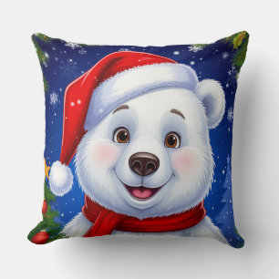 Cojín Decorativo Oso Polar Feliz con Gorro de Santa