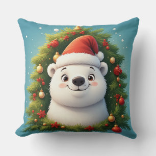 Cojín Decorativo Oso Polar Feliz con Gorro de Santa