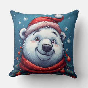 Cojín Decorativo Oso Polar Feliz con Gorro de Santa